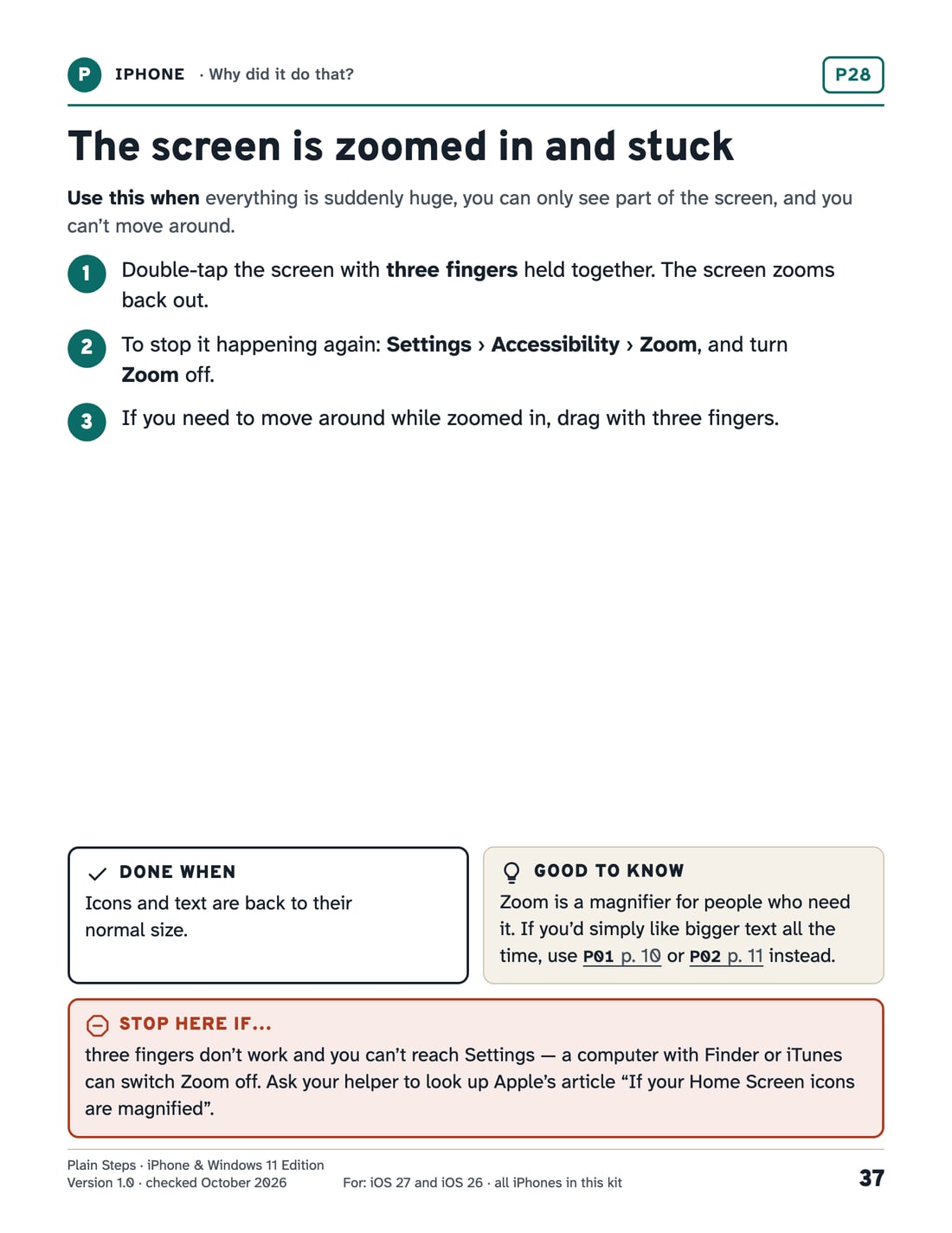 The kit’s page P28, “The screen is zoomed in and stuck”, as it prints.