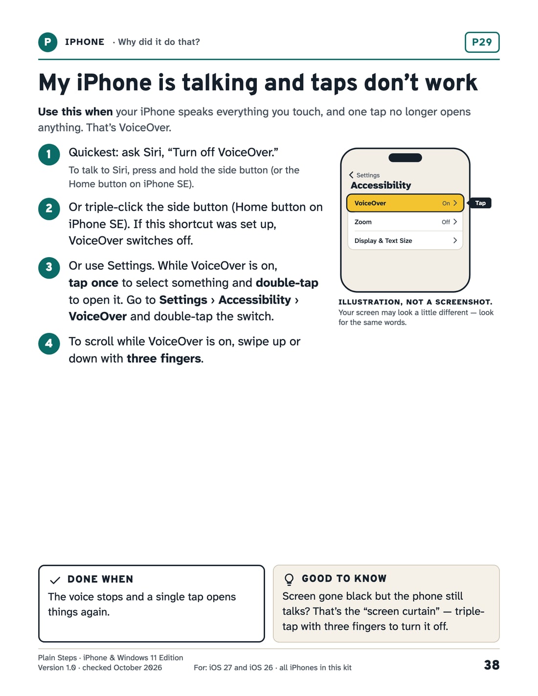 An iPhone card for turning off VoiceOver: ask Siri, triple-click the side button, or use Settings with tap-to-select and double-tap.