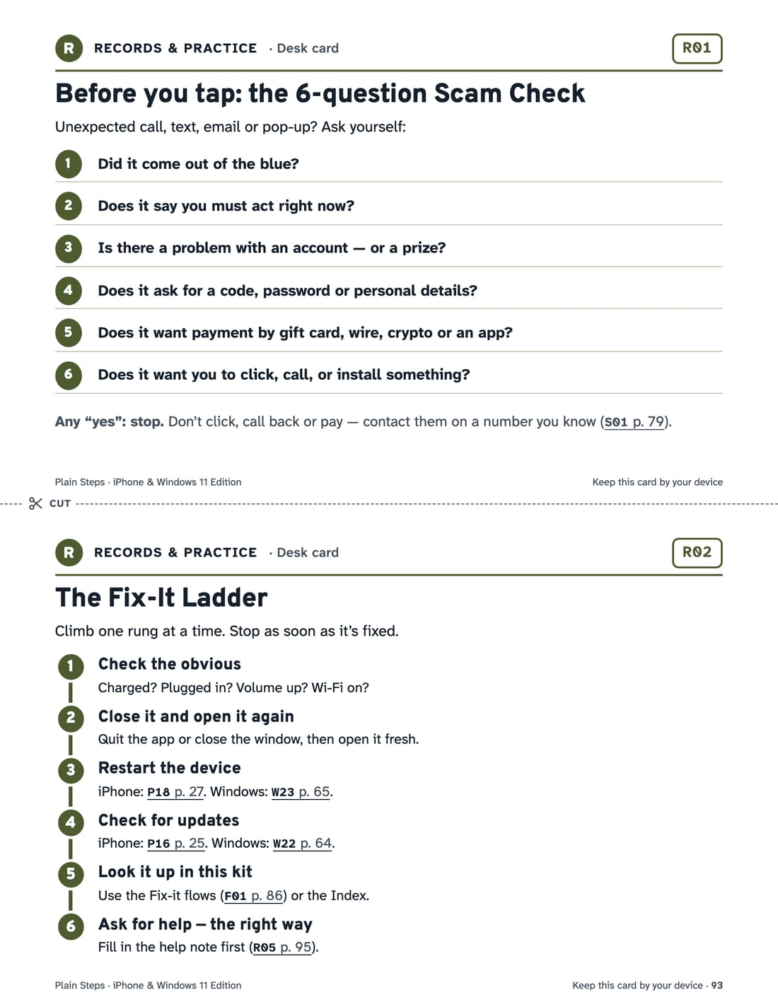 Two half-page desk cards: the scam check and the fix-it ladder, with a dashed cut line.