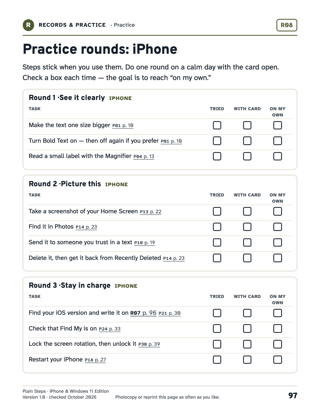 A practice worksheet with three rounds of iPhone tasks and boxes for Tried, With card and On my own.