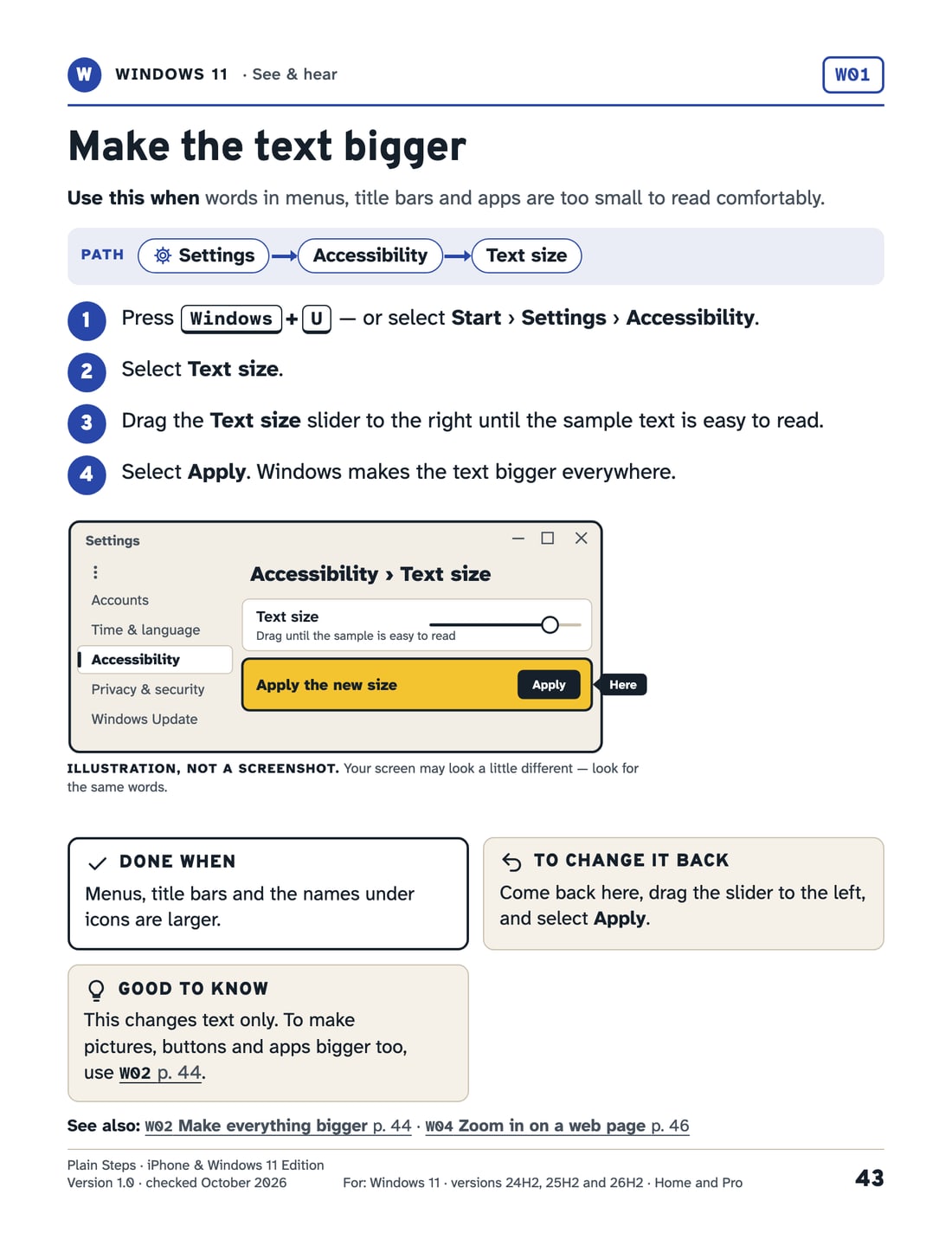 The kit’s page W01, “Make the text bigger”, as it prints.