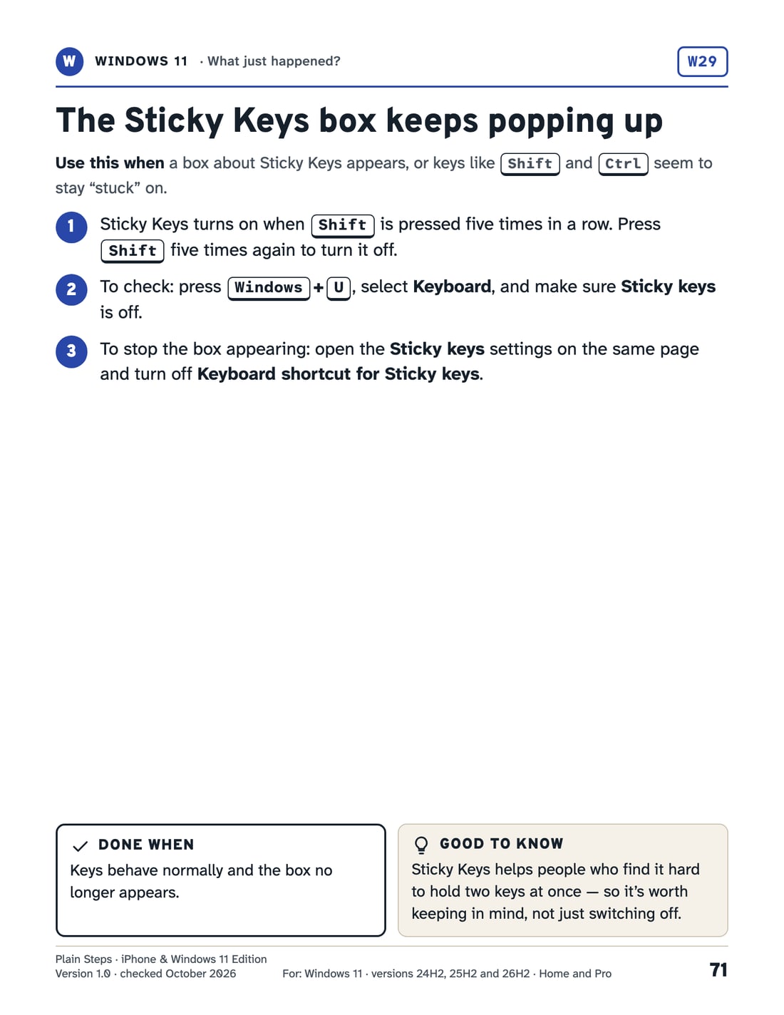 A Windows 11 card for turning off Sticky Keys and the keyboard shortcut that turns it on.