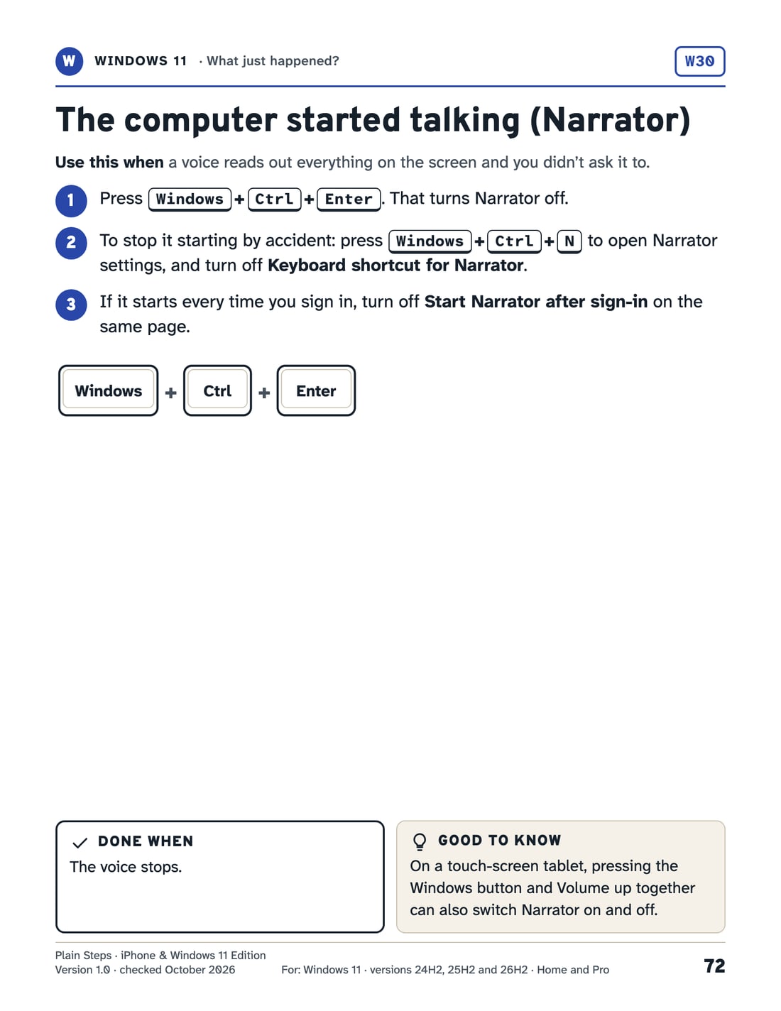 The kit’s page W30, “The computer started talking (Narrator)”, as it prints.