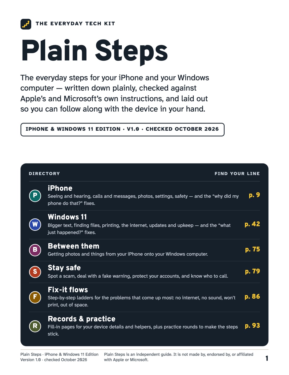 The Plain Steps cover, in front of two task cards from the kit: an iPhone card for bigger text and a Windows 11 card for finding downloads.
